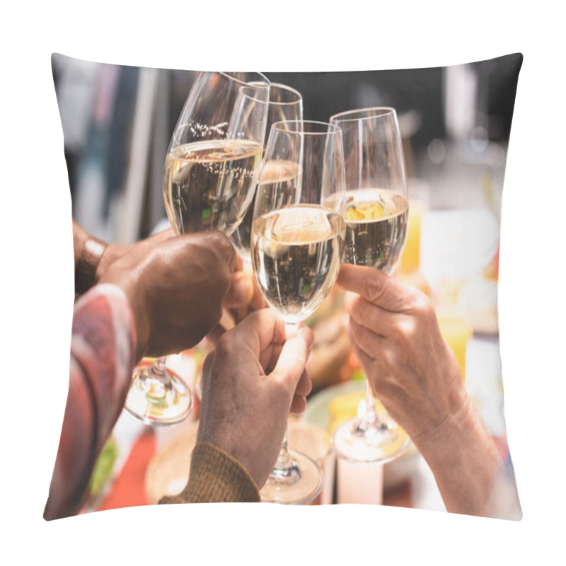 Personality  Cropped View Of Multicultural Relatives Clinking Wine Glasses During Thanksgiving Dinner Pillow Covers