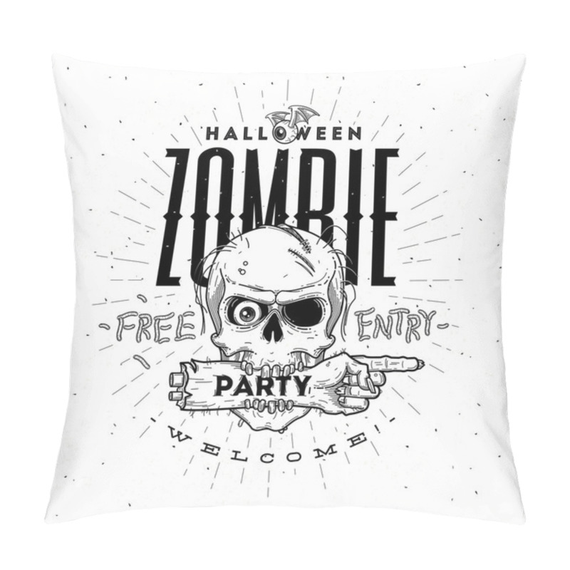 Personality  Halloween Party Poster With Zombie Head And Hand - Line Art Vector Illustration Pillow Covers