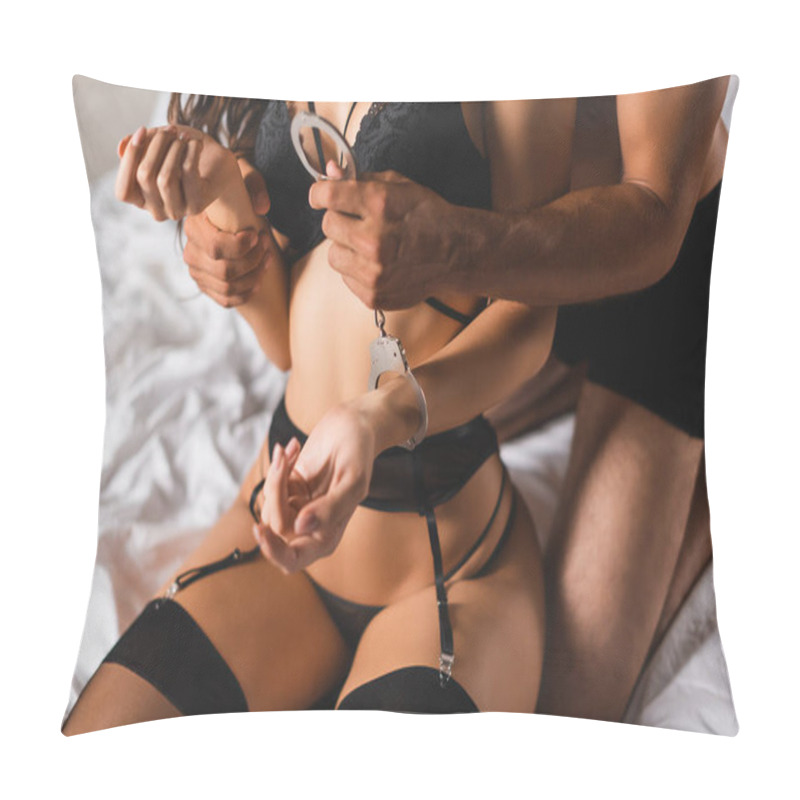 Personality  Cropped View Of Shirtless Man Wearing Handcuffs On Sensual Woman On Bed  Pillow Covers