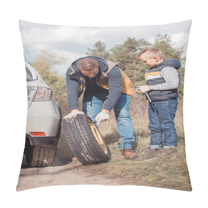 Personality  Father And Son Changing Car Wheel Pillow Covers