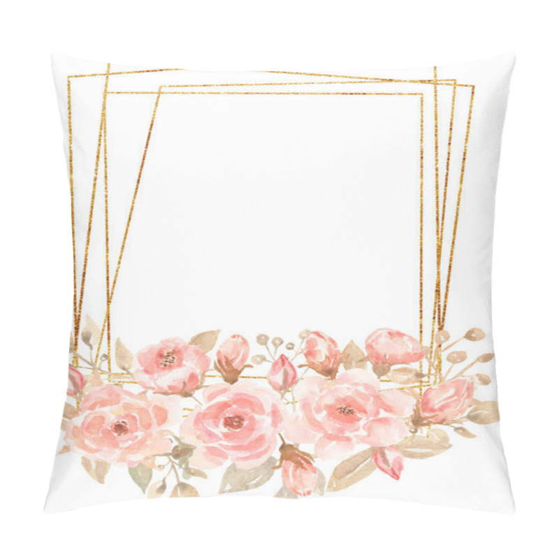 Personality  Watercolor Coral Florals And Golden Frame Illustration, Pink Peony Flowers Arrangement, Delicate Peach Bouquet, Boho Wedding. Pillow Covers