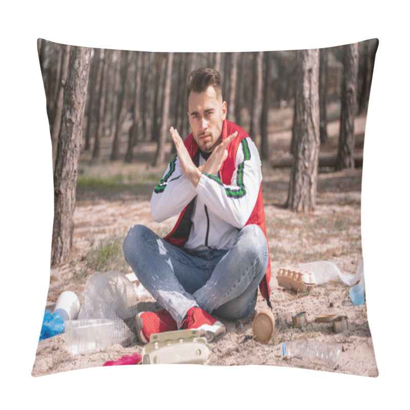 Personality  Man With Crossed Legs Sitting And Showing No Sign Near Trash On Ground Pillow Covers