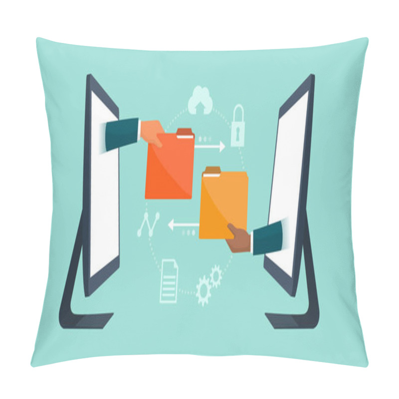 Personality  Business Team Working Remotely And Exchanging Files Online, Data Transfer Tools Concept Pillow Covers