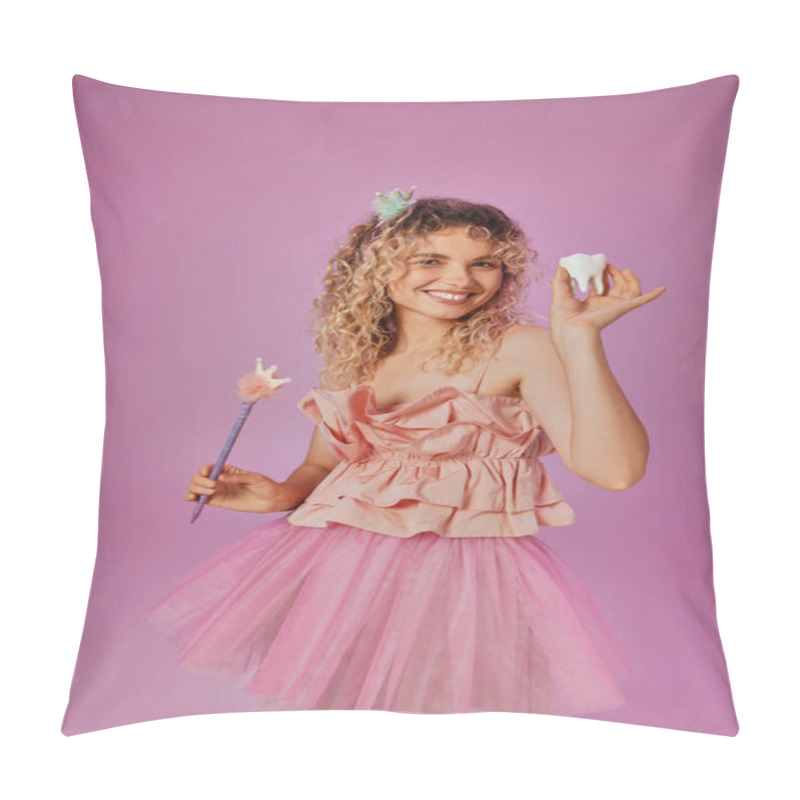 Personality  Cheerful Lovely Woman In Tooth Fairy Costume Holding Magic Wand And Baby Tooth And Smiling At Camera Pillow Covers