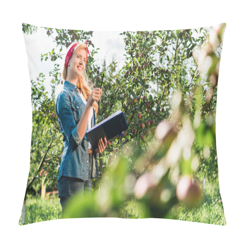 Personality  Attractive Farmer Checking Harvest In Apple Garden At Farm Pillow Covers