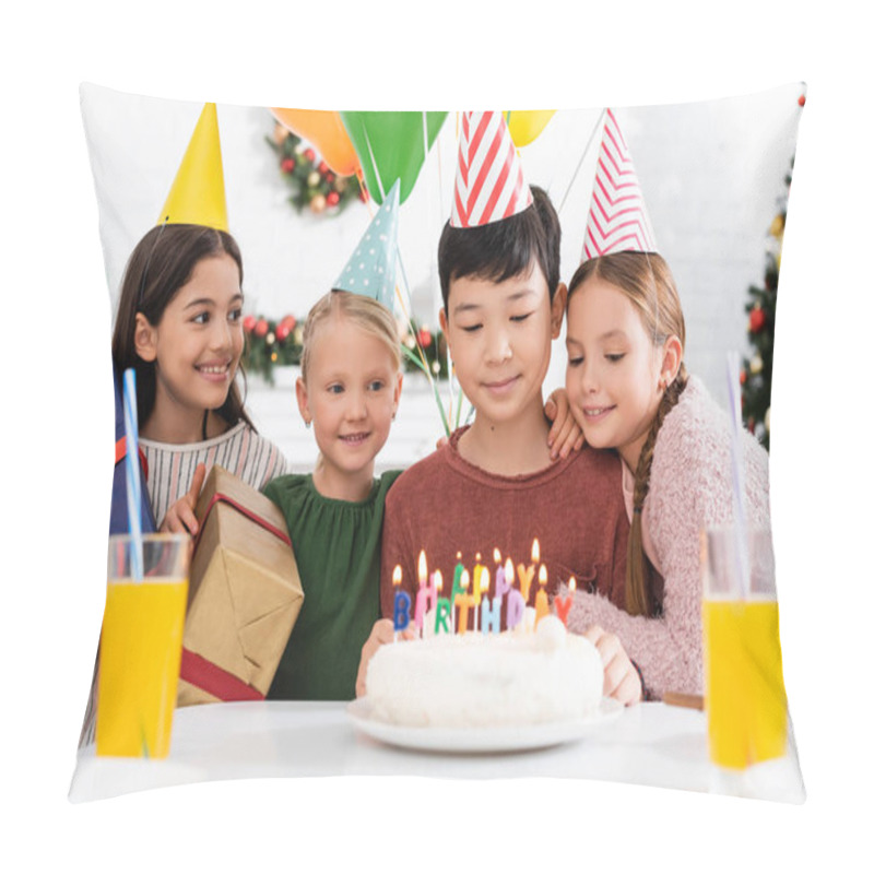 Personality  Multiethnic Kids In Party Caps Holding Presents Near Birthday Cake And Orange Juice At Home  Pillow Covers