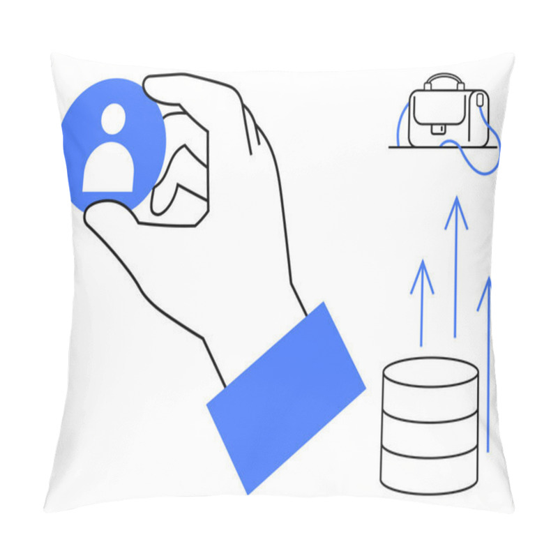 Personality  Hand Holding User Profile Icon, Briefcase, Upward Arrows, And Data Stack. Ideal For HR, Recruitment, Data Analysis, Business Growth, Career Development, Technology, Digital Transformation Themes Pillow Covers