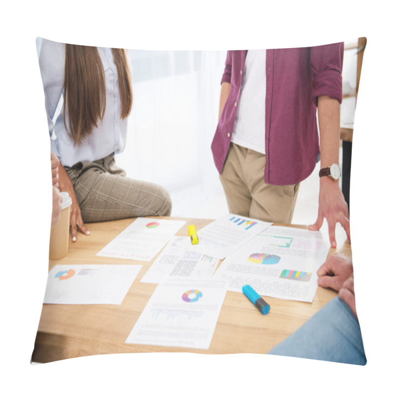 Personality  Cropped Shot Of Multiethnic Business Colleagues Discussing New Marketing Project At Workplace In Office Pillow Covers