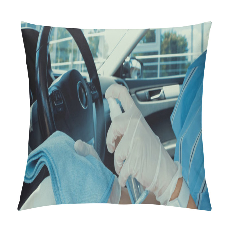 Personality  Cropped View Of Woman In Latex Gloves Spraying Sanitizer On Rag Pillow Covers