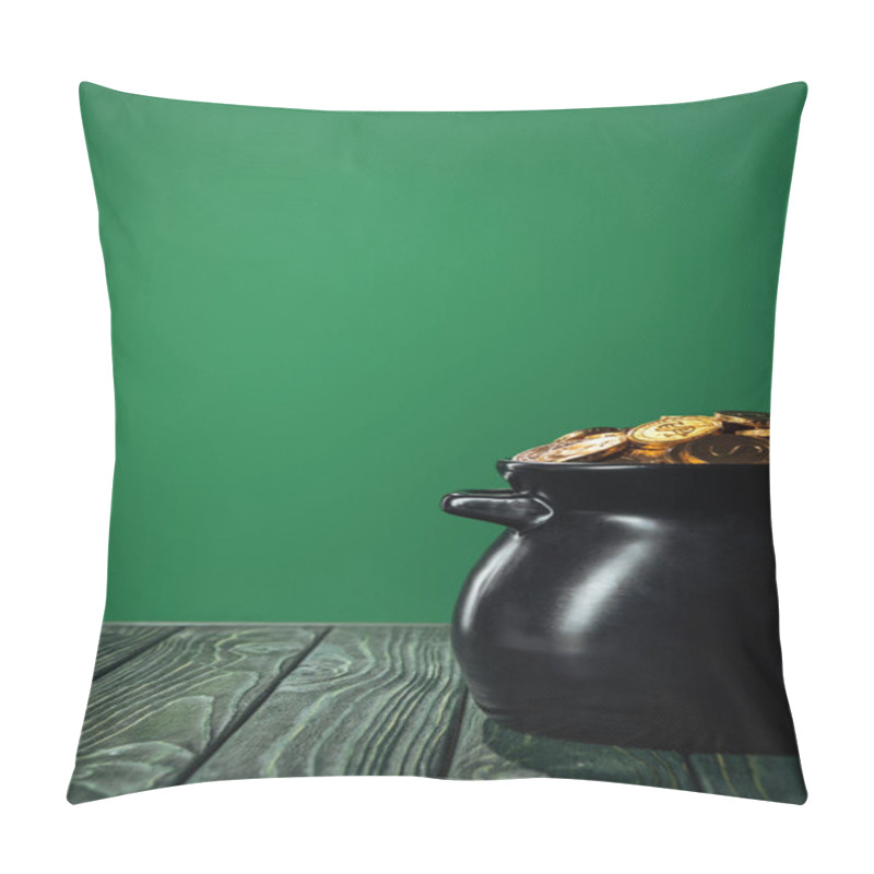 Personality  Golden Coins In Pot Isolated On Green With Copy Space, St Patrick Day Concept Pillow Covers