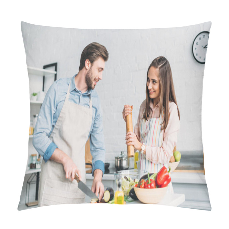 Personality  Boyfriend Cutting Vegetables And Girlfriend Adding Spices To Salad In Kitchen Pillow Covers