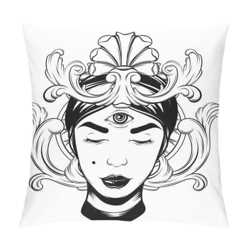 Personality  Vector Hand Drawn Illustration Of Fortune Teller With Frame. Creative Realistic Tattoo Artwork. Template For Card, Poster, Banner, Print For T-shirt, Pin, Badge, Patch. Pillow Covers