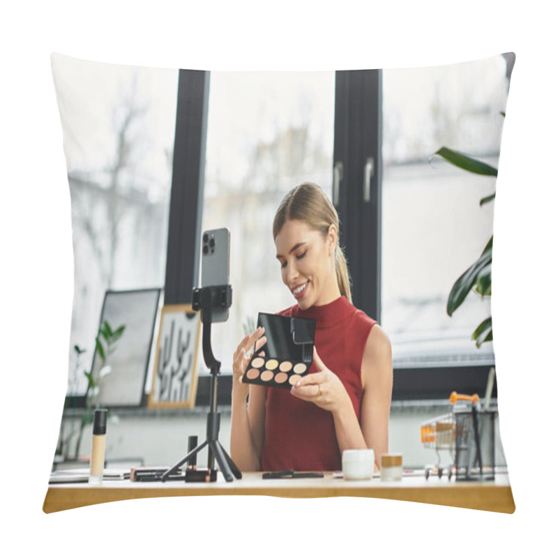 Personality  A Young Woman Excitedly Shares Her Favorite Beauty Products During A Live Stream. Pillow Covers