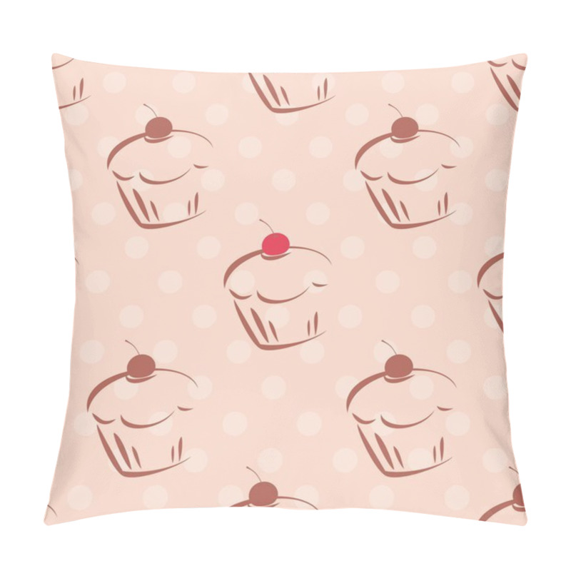 Personality  Seamless Vector Pattern Or Tile Texture With Cherry Cupcakes And White Polka Dots On Pink Background. Pillow Covers