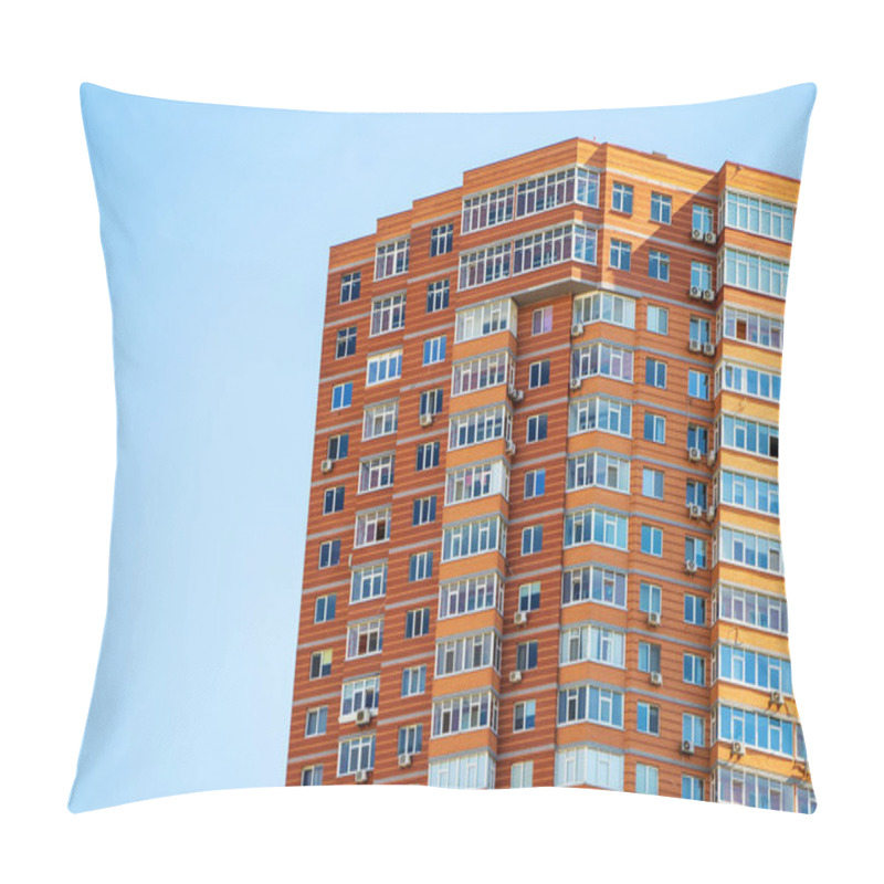 Personality  Brick Building With Windows On Sky Background. Pillow Covers