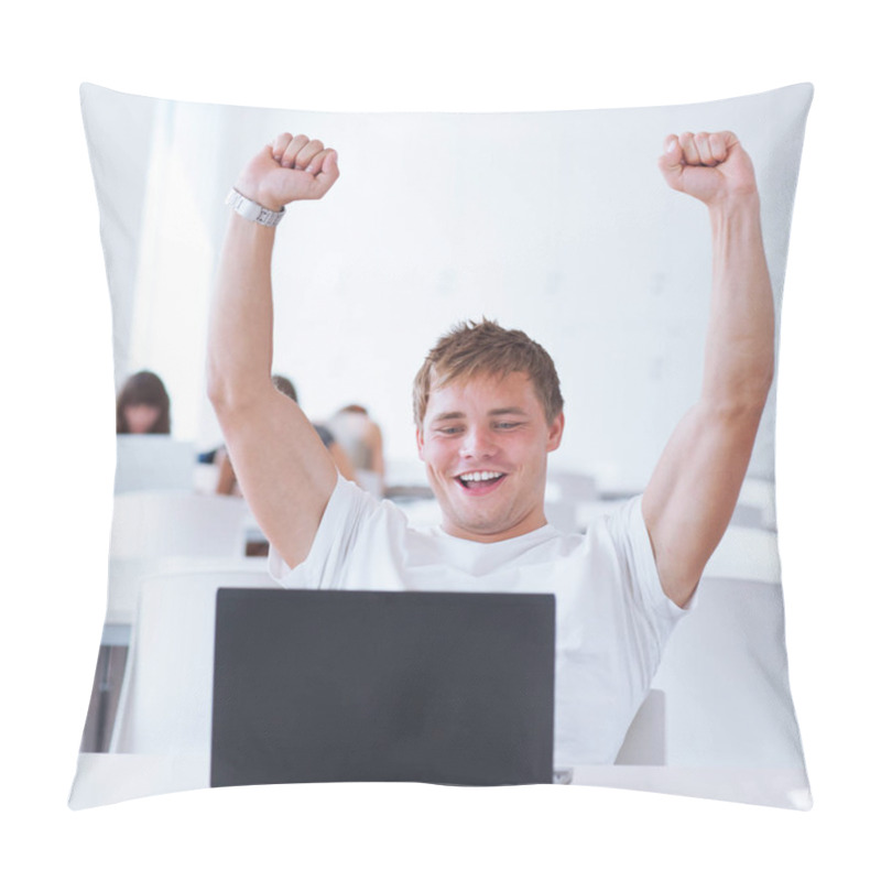 Personality  Portrait Of A Very Happy Young, Male College Student Working On His Laptop Computer In A Classroom/study Room/library - Laughing (shallow DOF Pillow Covers