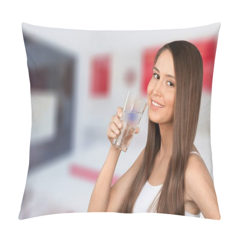 Personality  Healthy Liquid. Beautiful Brunette Woman Drinking Water From Glass In Kitchen, Pillow Covers