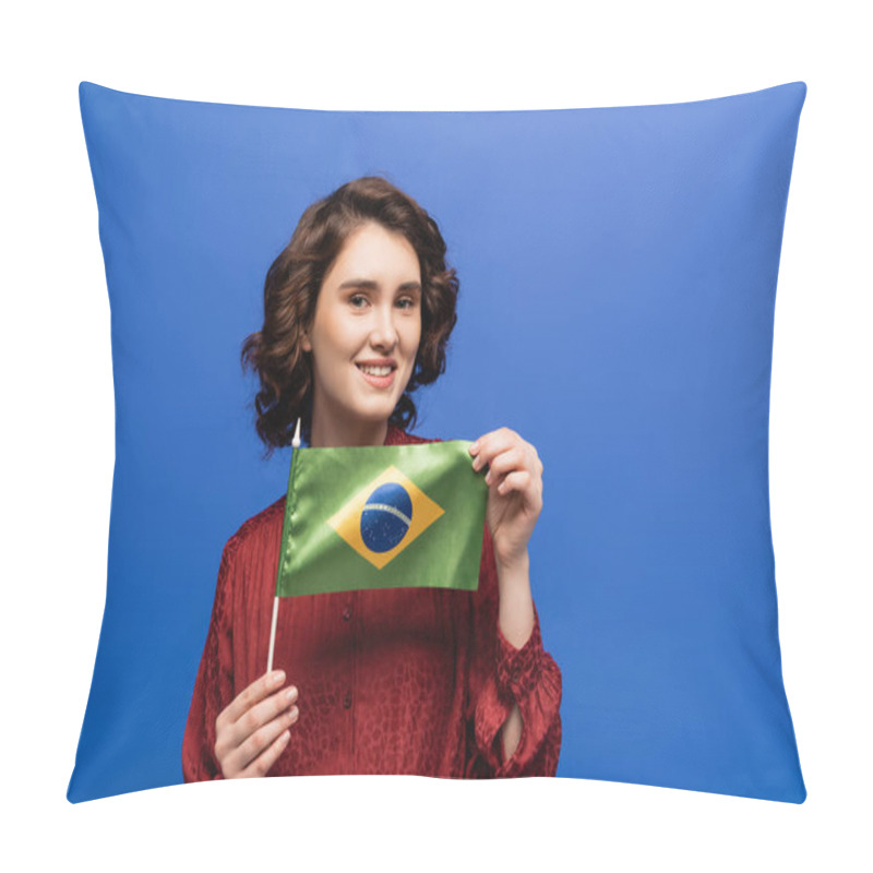 Personality  Happy Language Teacher Smiling While Holding Flag Of Brazil Isolated On Blue  Pillow Covers