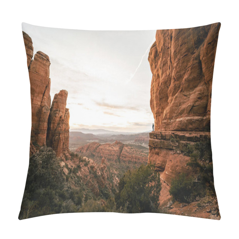 Personality  Wide Angle View Of Man Watching Sunset In Sedona Arizona From Cathedral Rock Viewpoint. Pillow Covers