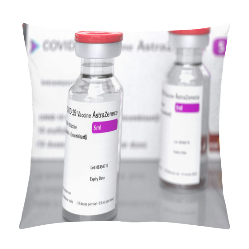 Personality  UK - April 26 2021: Astrazeneca Inc Produces The Vaccine Against The COVID-19 Virus Vaccine Bottles Effective In Preventing 95 Of Coronavirus Covid-19 Infections Pillow Covers