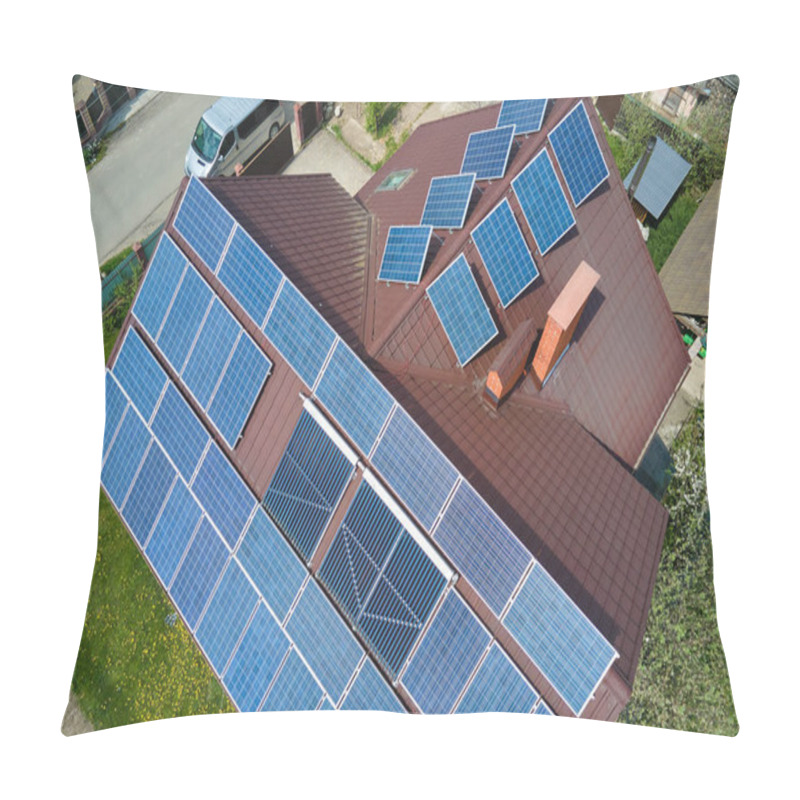 Personality  Residential House With Rooftop Covered With Solar Photovoltaic Panels For Producing Of Clean Ecological Electrical Energy In Suburban Rural Area. Concept Of Autonomous Home Pillow Covers