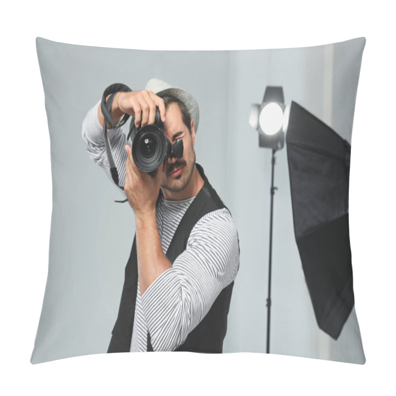 Personality  Professional Photographer Taking Picture In Modern Studio Pillow Covers