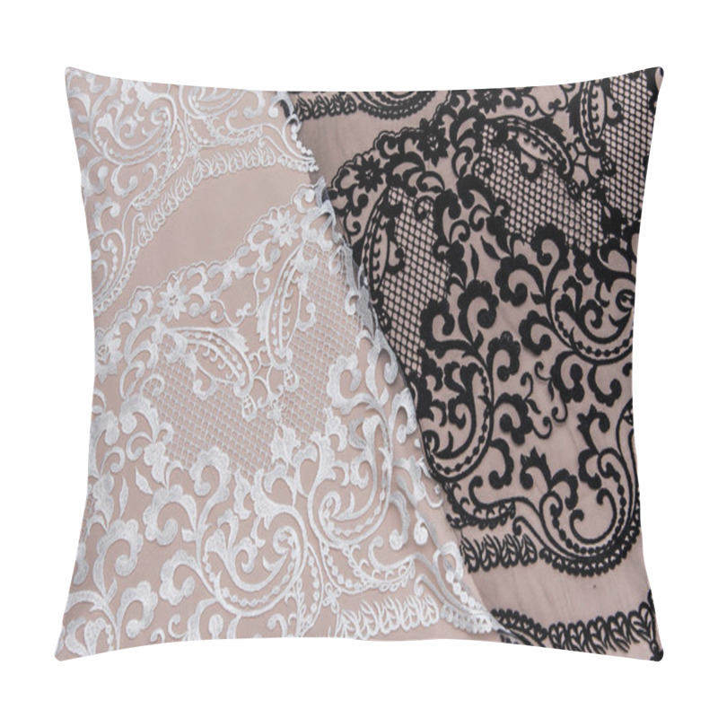 Personality  Texture Lace Fabric. Lace On White Background Studio. Thin Fabric Made Of Yarn Or Thread. A Background Image Of Ivory-colored Lace Cloth. White And Black Lace On Beige Background. Pillow Covers