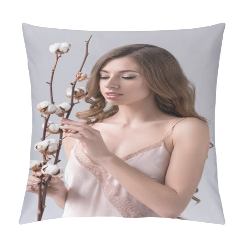 Personality  Attractive Girl Posing With Soft Cotton Flowers, Isolated On Grey Pillow Covers