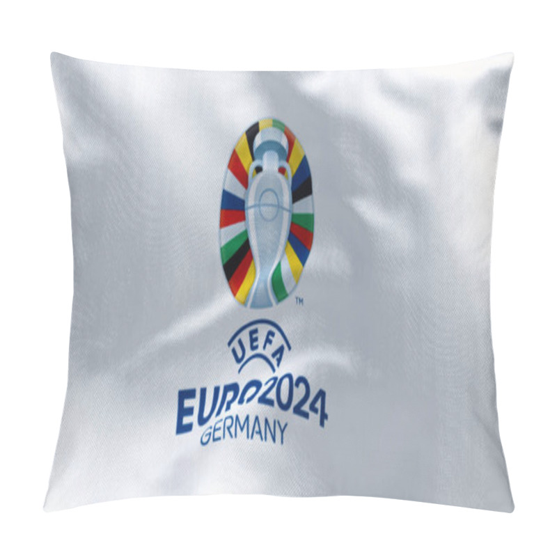 Personality  Berlin, DE, June 30 2023: Close-up Of UEFA Euro 2024 European Football Championship Flag Waving. International Sport Event. Illustrative Editorial 3d Illustration Render Pillow Covers