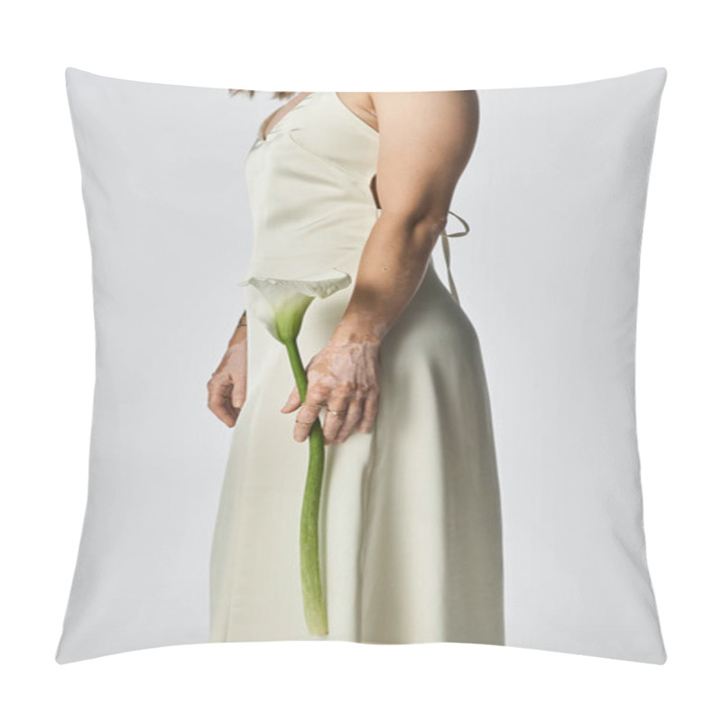 Personality  A Beautiful Young Woman With Vitiligo Stands In A Minimalistic Space, Holding A Flower Gracefully. Pillow Covers