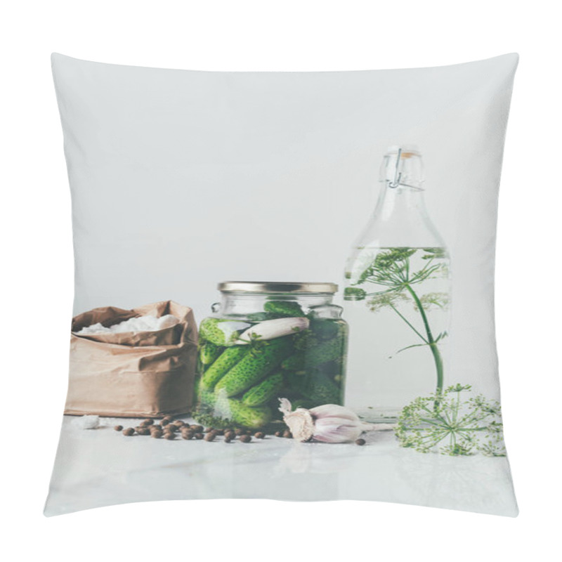 Personality  Glass Jar With Preserved Cucumbers, Glass Bottle With Dill And Salt On Table Pillow Covers