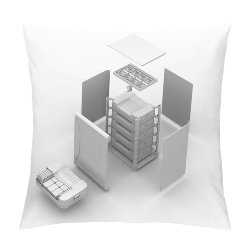 Personality  Clay Rendering Of Reused Electric Vehicle Batteries Component System. Exploded View. EV Batteries Recycle Concept. 3D Rendering Image. Pillow Covers