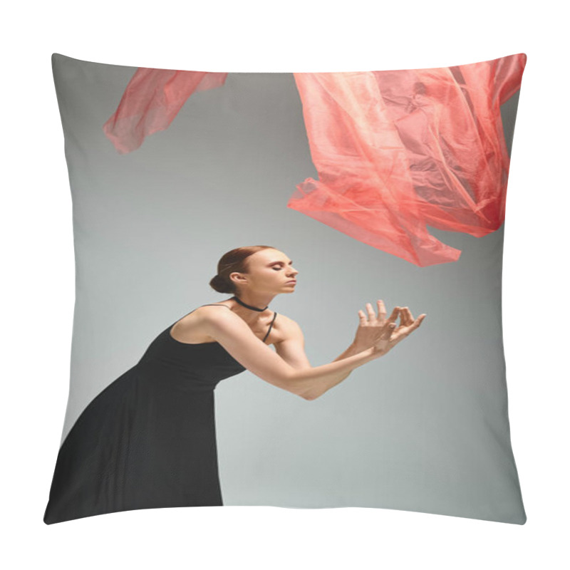 Personality  Woman In Black Dress Gracefully With Red Veil In The Sky. Pillow Covers