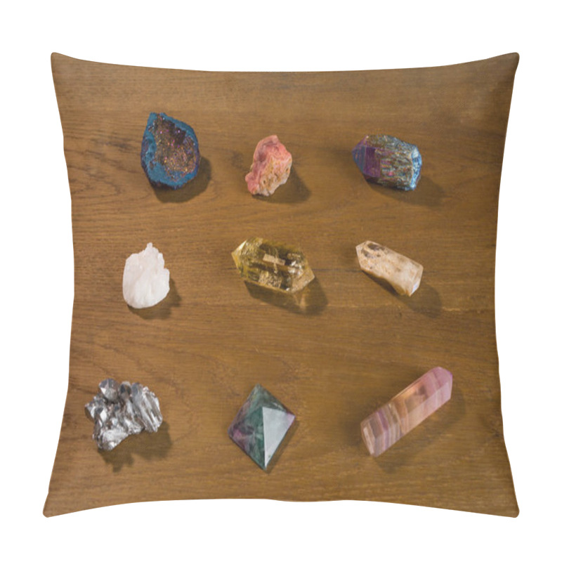 Personality  Collection Of Beautiful Precious Stones On Wooden Table Pillow Covers