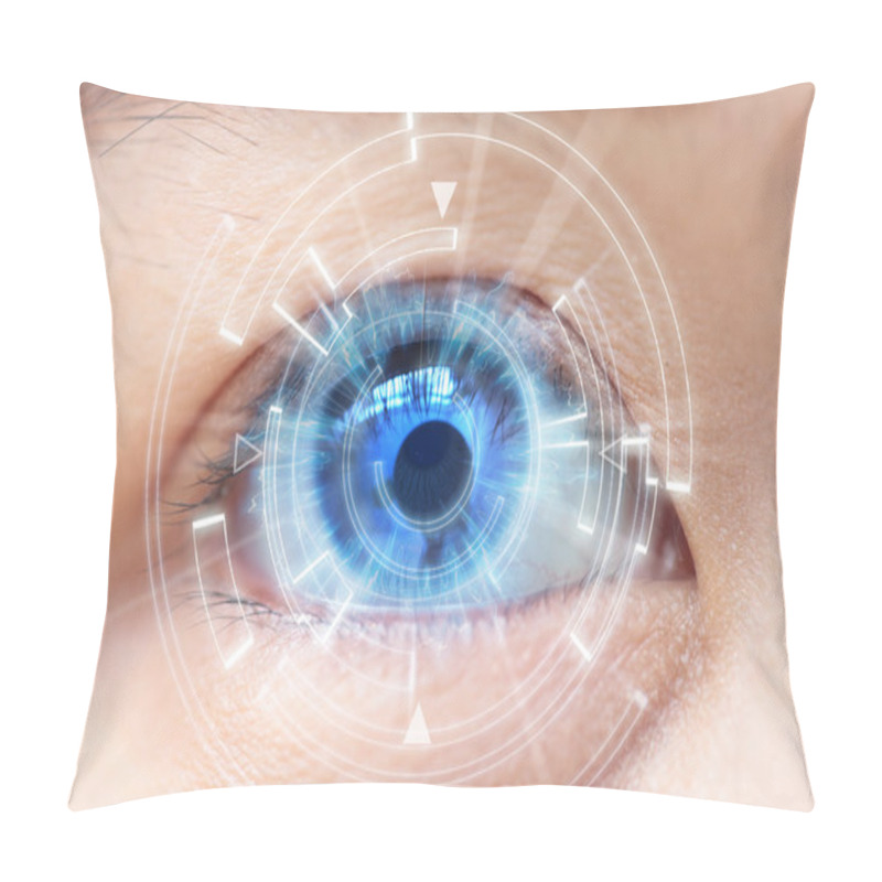 Personality  Close-up Of Woman's Blue Eye. High Technologies In The Futuristic. Eye Cataract Pillow Covers