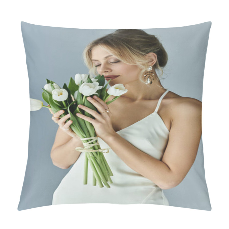 Personality  A Graceful Woman In White Dress Holding A Vibrant Bouquet Of Flowers Against A Grey Background. Pillow Covers