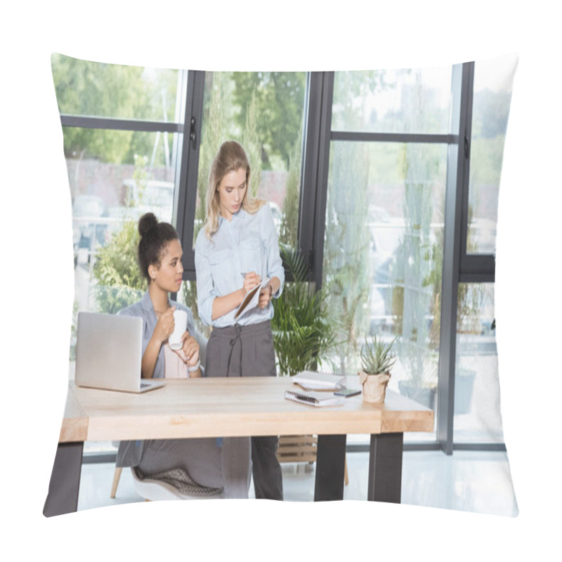 Personality  Multiethnic Businesswomen Working On Project Pillow Covers