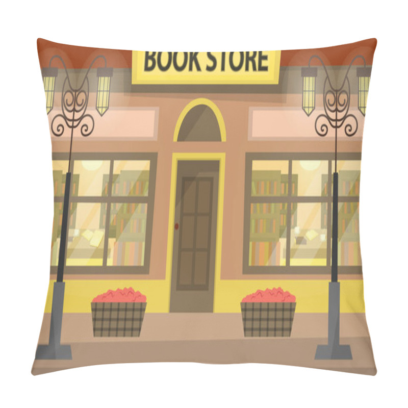 Personality  Bookstore Building Fa Ade. A Lot Of Books On The Shelves. Literary Shop. Flat Style. Vector Illustration Pillow Covers