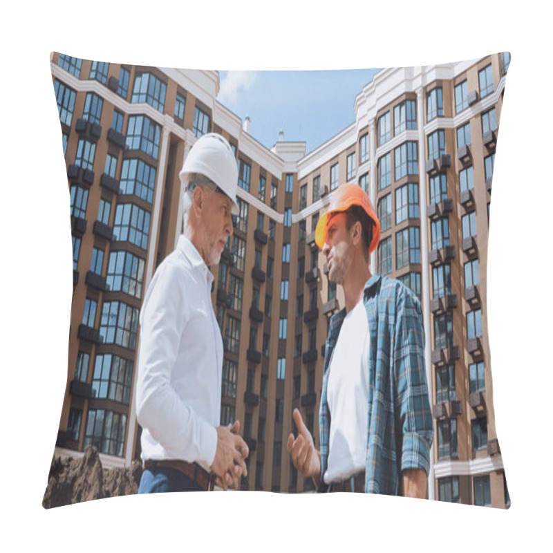 Personality  Low Angle View Of Engineer And Builder Talking Near New Building Pillow Covers