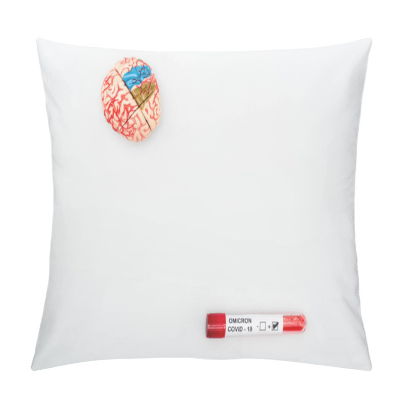 Personality  Top View Of Brain Model And Test Tube With Covid-19 Omicron Variant Positive Result On Grey Background Pillow Covers