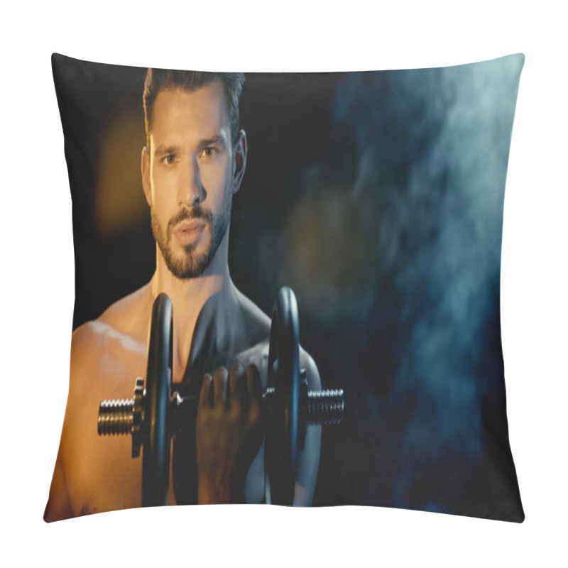 Personality  Bearded And Muscular Sportsman Training With Dumbbell Near Smoke On Black Pillow Covers