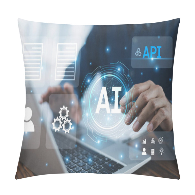 Personality  A Businessman Uses A Computer To Integrate Application Programming Interfaces (APIs), Artificial Intelligence (AI), And Microservices, Enhancing Operational Efficiency And Driving Innovation. Pillow Covers