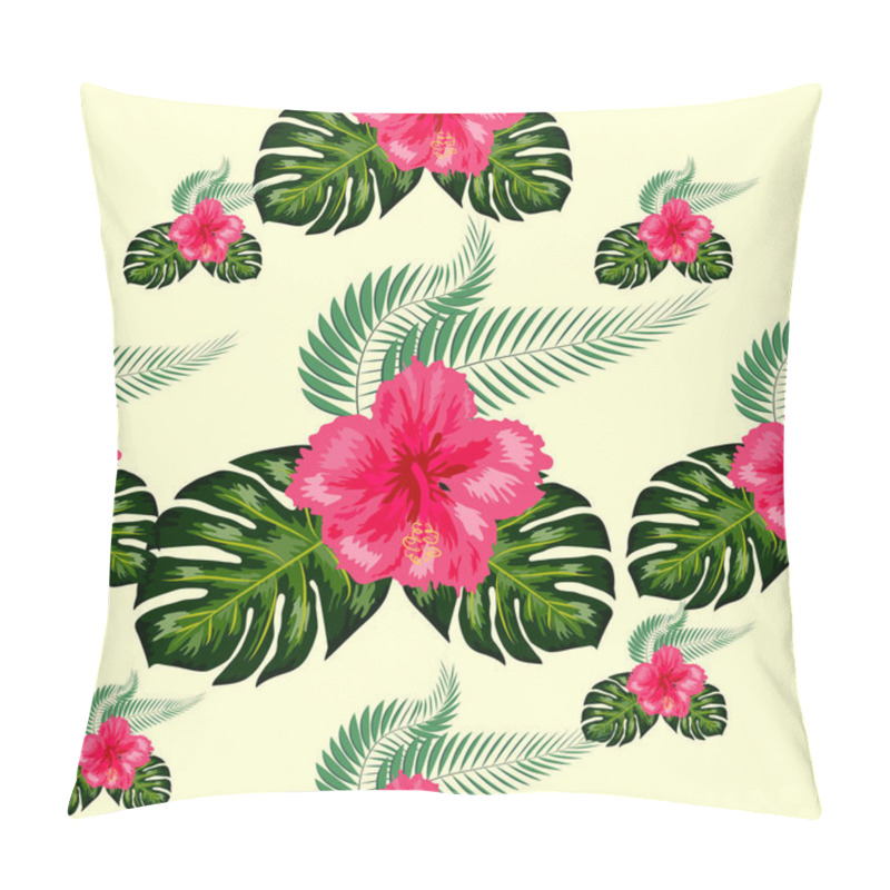 Personality  Tropical Hibiscus Flowers And Palm Leaves Bouquets Seamless Pattern Pillow Covers