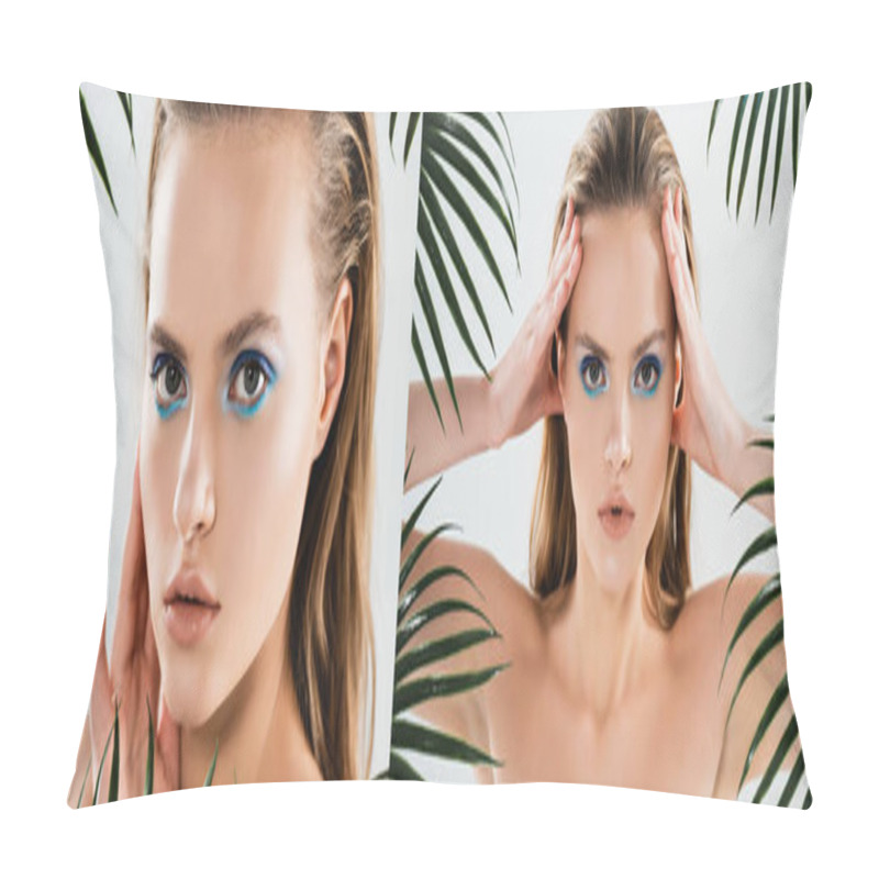 Personality  Collage Of Beautiful Woman With Blue Eye Shadow Looking At Camera Near Palm Leaves On White  Pillow Covers