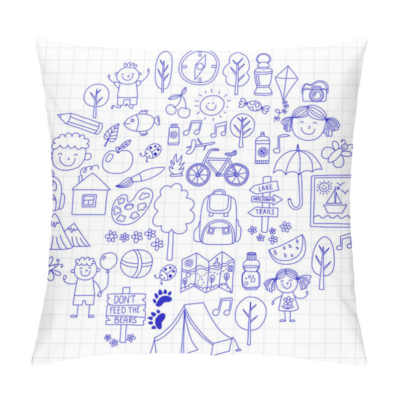 Personality  Summer Camp Children, Kids Camping Children Plays, Hiking, Singing, Fishing, Walking, Drawing, Having Fun After School Summer Advetures Pillow Covers