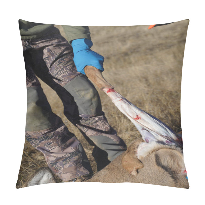 Personality  Deer Hunter Cleans The Killed Deer In The Field To Prepare It For Processing Pillow Covers