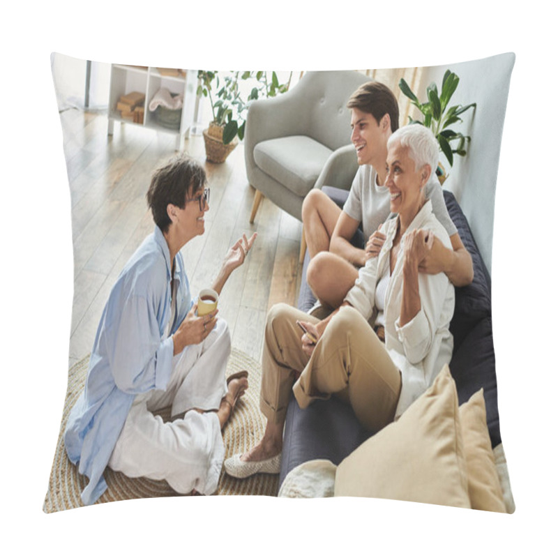 Personality  Lesbian Parents Enjoy Laughter And Connection With Their Adult Son In A Warm, Inviting Space. Pillow Covers