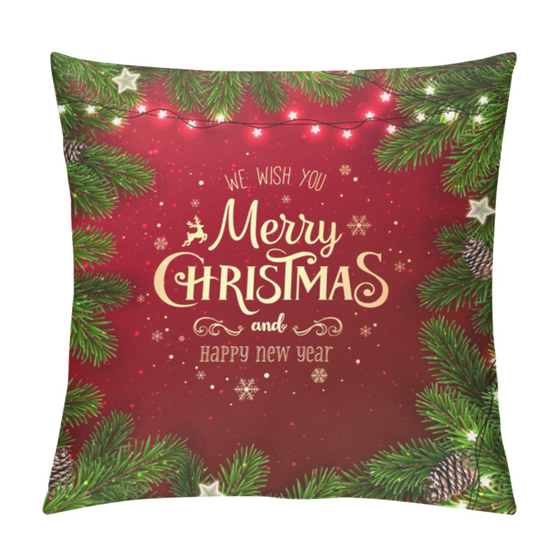 Personality  Creative Frame Made Of Christmas Fir Branches. Gold Merry Christmas And New Year Text On Red Background With Lights, Pine Cones. Xmas And New Year Card. Vector Illustration Pillow Covers