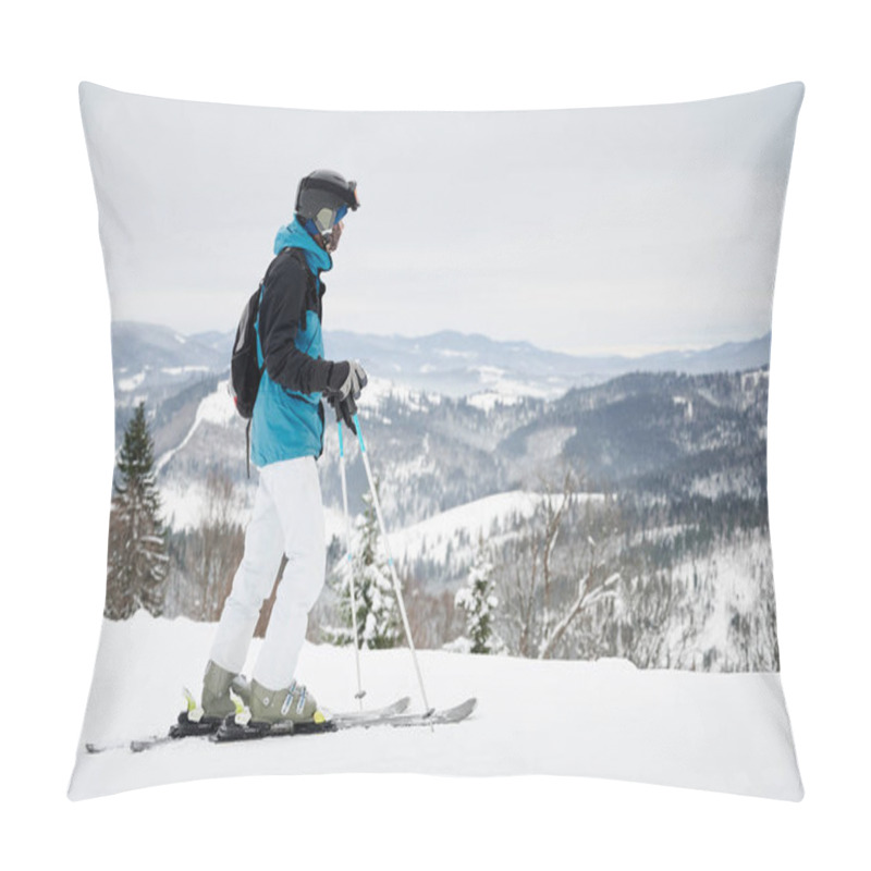 Personality  Man Skier Looking At Beautiful Snowy Mountains At Ski Resort. Concept Of Winter Sport Activities. Pillow Covers