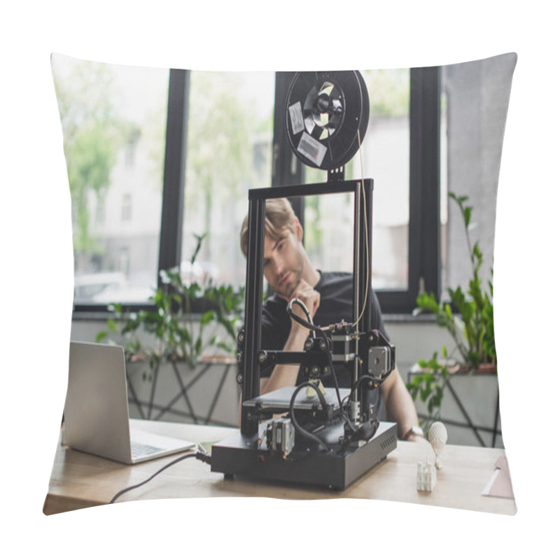 Personality  Young Designer Looking At 3D Printer On Table With Laptop In Office Pillow Covers